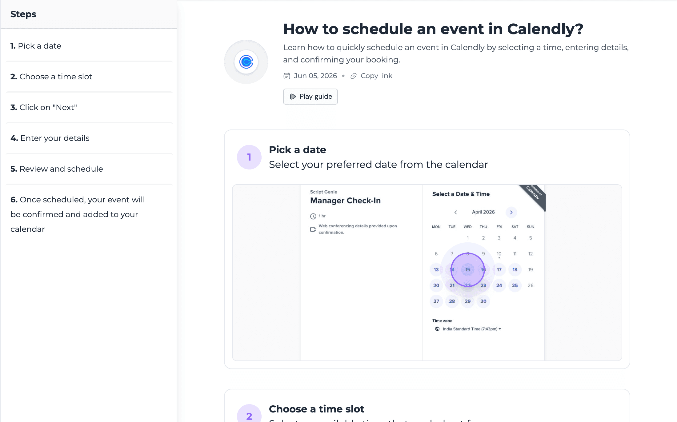 A guide in Scroll View: a Steps side nav, the guide title, and numbered steps with screenshots