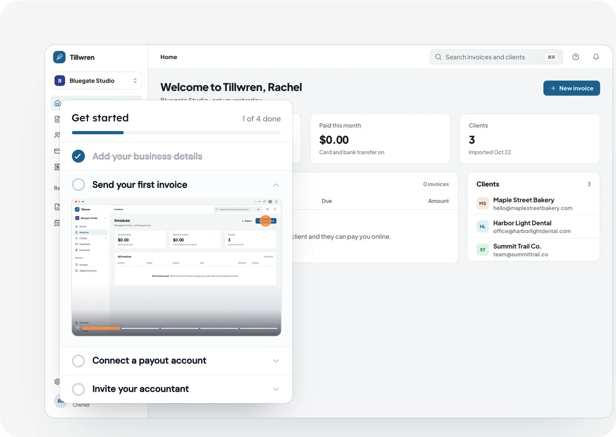 Tillwren's Get started checklist in the corner of its app, with Send your first invoice open and the Guidejar walkthrough playing inside it, then ticked off