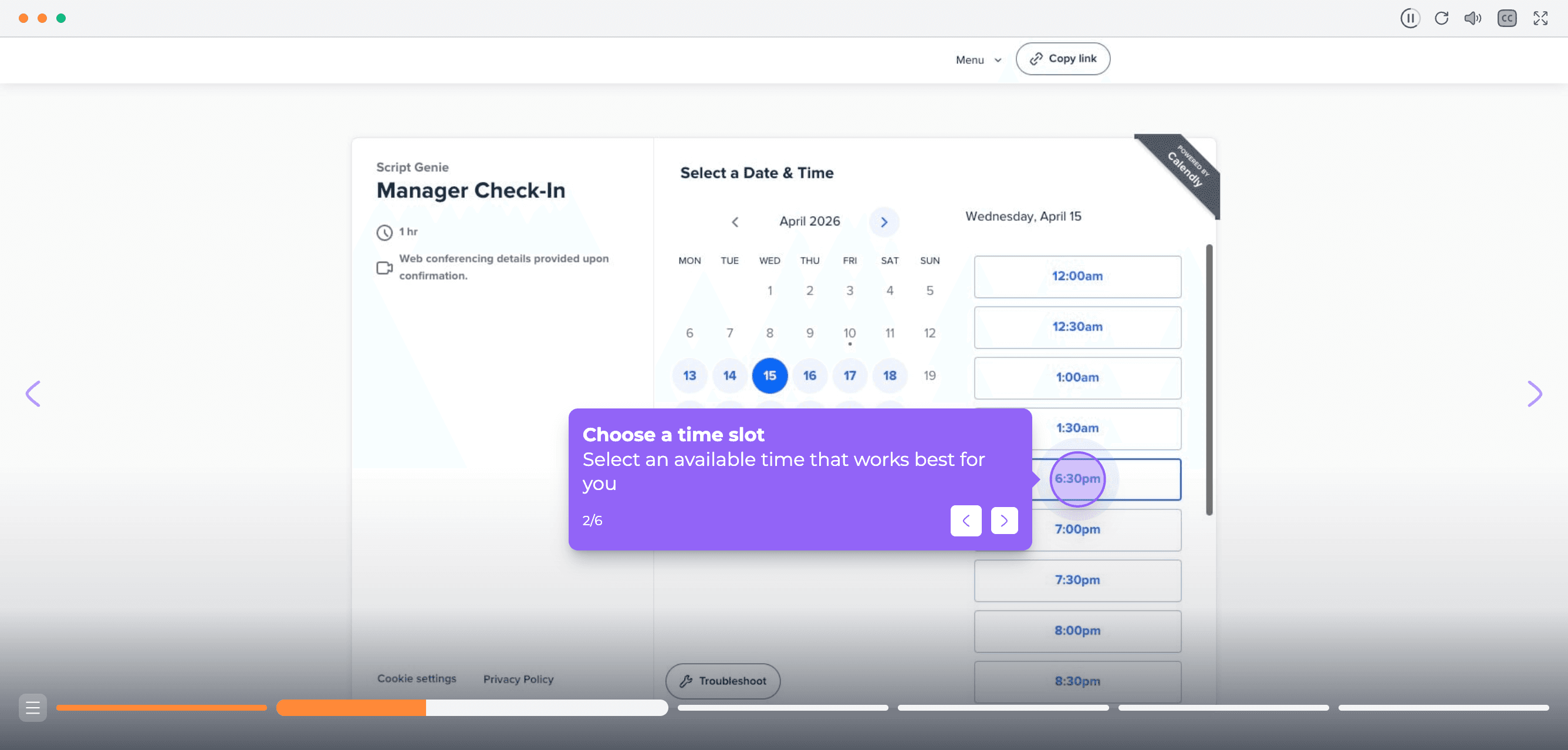 A guide in Walkthrough View: the product screenshot fills a player with a step bubble on the click target